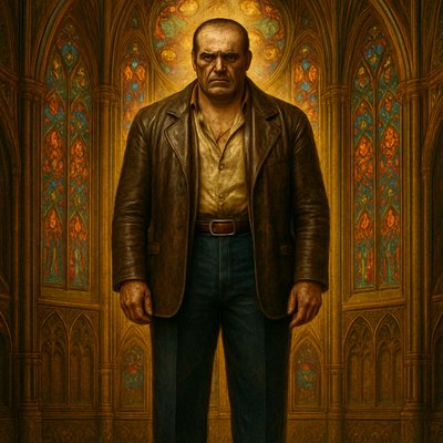 a painting of a man standing in front of a stained glass window