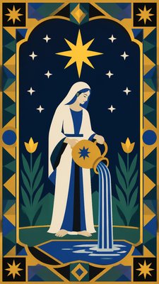 a robed figure pouring water beneath a large eight-pointed star in a night sky, symmetrical composition with an ornate decorative border, no text