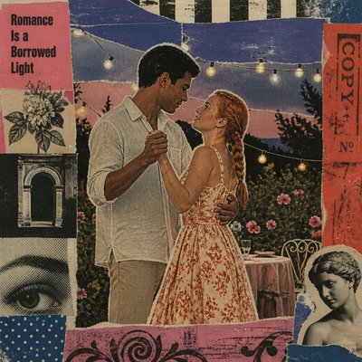 an original couple dancing under string lights in a garden at dusk: a man with short black hair in a linen shirt and a woman with braided red hair in a summer dress