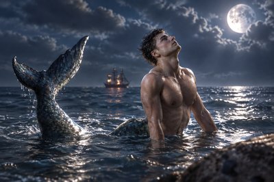 a man standing in the ocean next to a whale tail