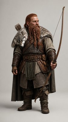 full-body original character: a dwarven ranger with a braided auburn beard, worn leather armor, a longbow and a wolf-pelt cloak, neutral background, no text