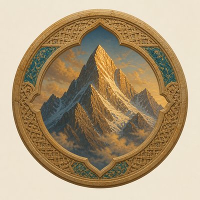 an emblem of a mountain peak inside a circle, simple bold shapes on a plain background, no text or lettering