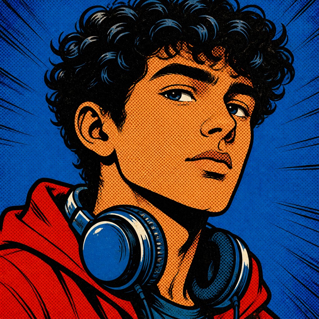 head-and-shoulders portrait of an original character: a young man with curly dark hair and headphones around his neck, plain backdrop, no text