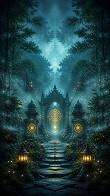 a mysterious forest path with fireflies and drifting mist, atmospheric vertical composition with open space at the top, no text
