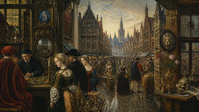 bustling city street panorama at dusk
