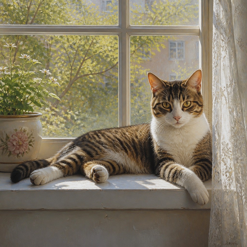 a cat lounging in a sunlit window