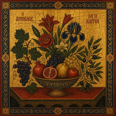 still life arrangement of fruits and flowers