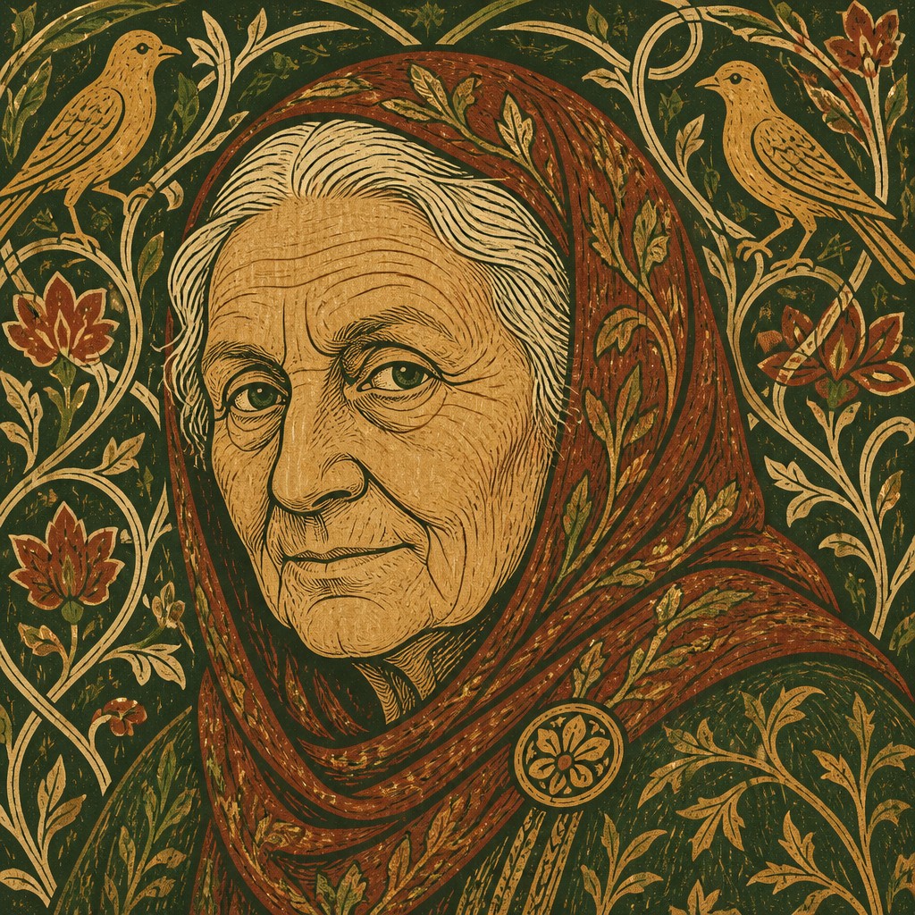close-up portrait of an elderly person with expressive weathered features — Arts and Crafts Style