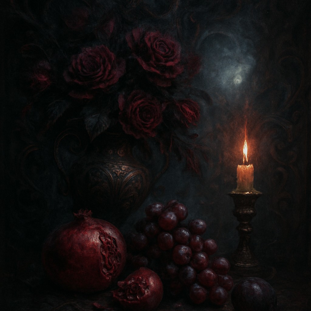 still life arrangement of fruits and flowers