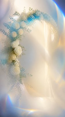 an arch of white roses and eucalyptus in soft morning light, elegant vertical composition with open space, no text