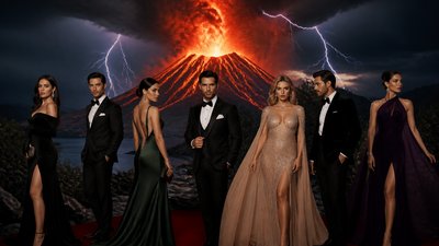an erupting volcano with lightning strikes, dramatic wide composition, no text