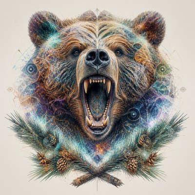 a roaring bear head above crossed pine branches, bold graphic composition on a plain background, no text