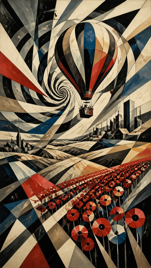 a hot air balloon drifting over rolling flower fields on a sunny day, cheerful, no text