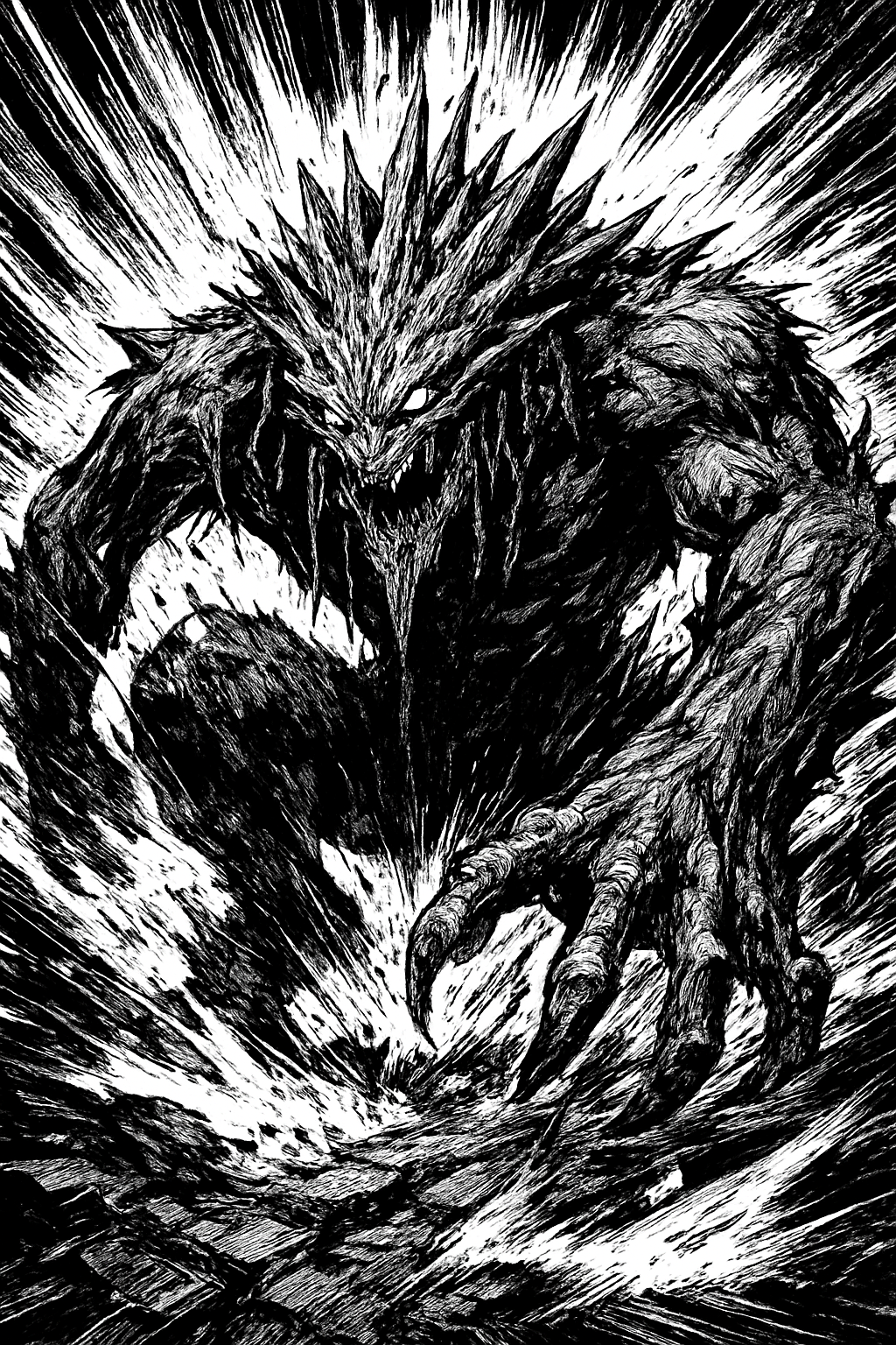 a black and white drawing of a monster attacking a man