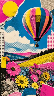 a hot air balloon drifting over rolling flower fields on a sunny day, cheerful, no text