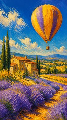 a hot air balloon drifting over rolling flower fields on a sunny day, cheerful, no text