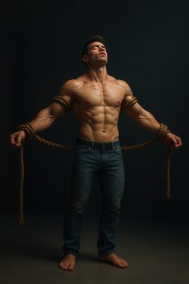 a shirtless man holding a rope in his hands