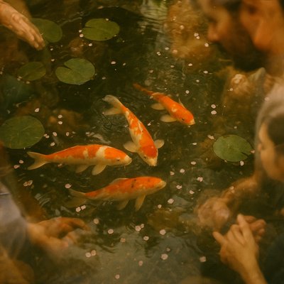 A koi pond seen from above, orange and white koi fish swimming among lily pads, clear water with subtle ripples, fallen cherry blossom petals floating on the surface, dappled sunlight