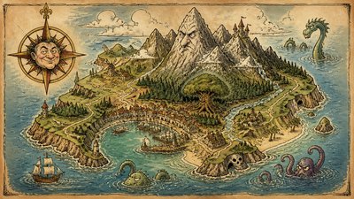 a map of an island realm with mountains, forests, a sheltered bay, sea monsters in the water and a compass rose, no text labels