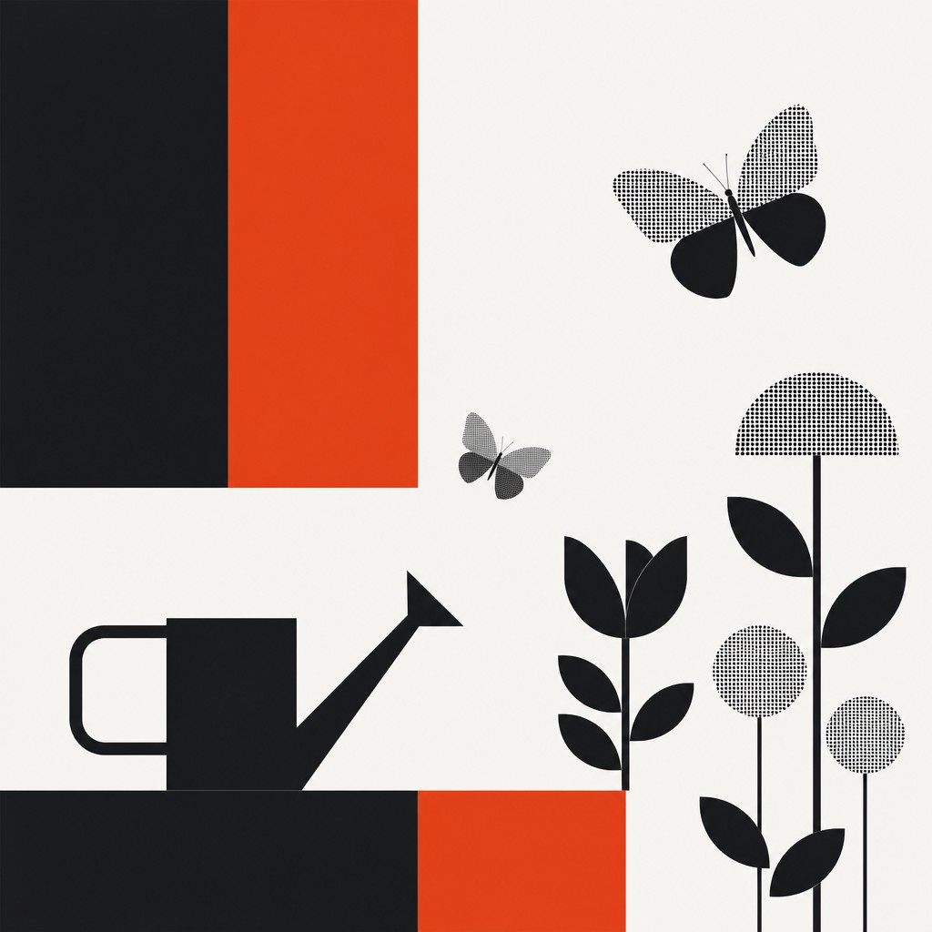 a garden scene with butterflies, flowers and a watering can, clean uncolored line art, no text