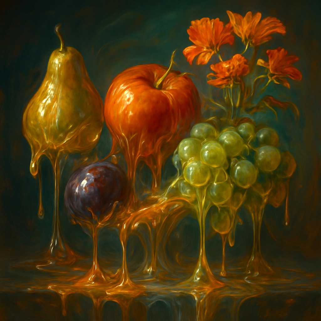 still life arrangement of fruits and flowers
