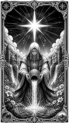 a robed figure pouring water beneath a large eight-pointed star in a night sky, symmetrical composition with an ornate decorative border, no text