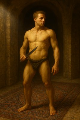 a painting of a man with a knife in his hand