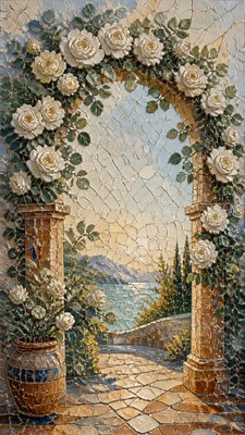 an arch of white roses and eucalyptus in soft morning light, elegant vertical composition with open space, no text