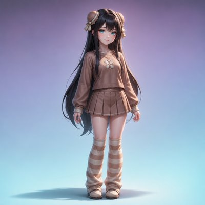 a girl with long black hair wearing a brown outfit