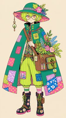 full-body original character: a wandering botanist with a satchel of plants, a patched green cloak, tall boots and round glasses, neutral background