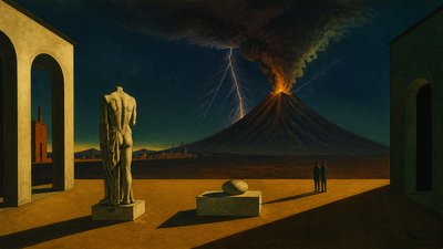 an erupting volcano with lightning strikes, dramatic wide composition, no text