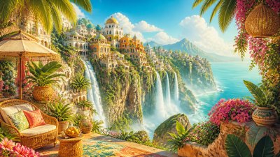 a cliffside city with waterfalls cascading into a misty canyon, wide establishing shot, no people, no text
