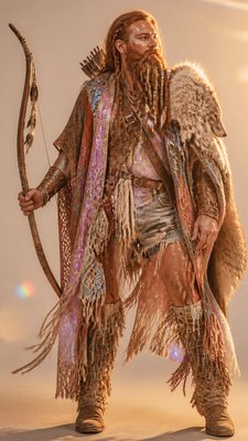 full-body original character: a dwarven ranger with a braided auburn beard, worn leather armor, a longbow and a wolf-pelt cloak, neutral background, no text