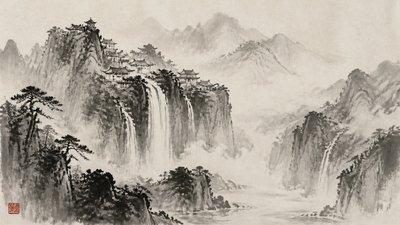 a cliffside city with waterfalls cascading into a misty canyon, wide establishing shot, no people, no text