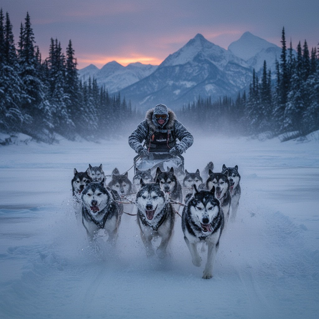 Epic Adventure Photography Style, Cinematic Color Grading, Sub-Zero Atmosphere. A harrowing, dynamic wide-angle landscape photograph capturing the intensity of a long-distance dog sled race (like the Yukon Quest or Iditarod) in the dead of winter.
The Action & Subjects: A lead team of sixteen powerful Siberian Huskies and Alaskan Malamutes is charging directly toward the camera along a narrow, wind-blown trail. Their fur is heavily caked in ice and rime frost, and massive, crystalline plumes of frozen breath explode from their panting mouths. The musher, bundled in heavy, frost-covered furs and technical gear with goggles obscuring their face, leans aggressively into a turn on the sled, fighting to maintain control.
The "Cinematic Cold" Environment: The setting is a vast, unforgiving frozen riverbed surrounded by towering, snow-laden spruce trees and distant, jagged, glaciated mountain peaks. The air is thick with blowing snow and ice fog.
The Lighting & Mood: The scene is lit by the deep, biting blues and purples of polar twilight. A weak, cold orange glow from a distant, low sun just barely kisses the tops of the mountains, offering no warmth. The overall color palette is desaturated and cool. The image should feel incredibly vast, isolating, and brutally freezing. Film grain texture.