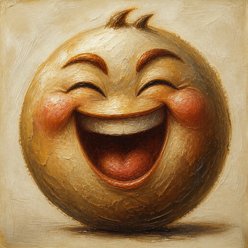 an exaggerated laughing face of an original round mascot character, bold and readable at small size, plain background, no text