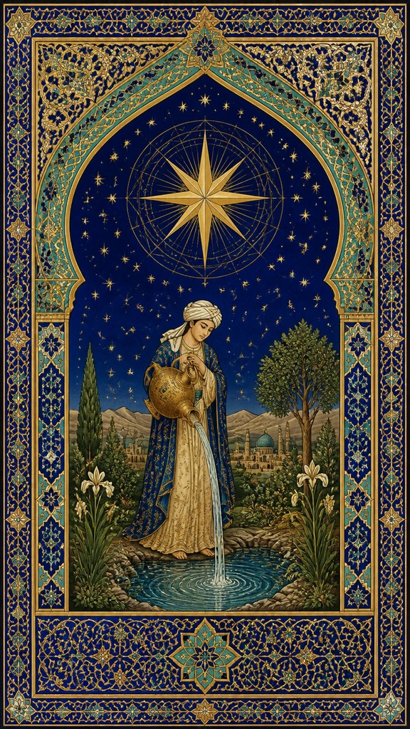 a robed figure pouring water beneath a large eight-pointed star in a night sky, symmetrical composition with an ornate decorative border, no text