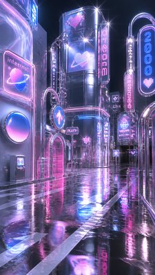 a quiet rainy city street at night reflecting neon signs, no people
