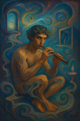 a painting of a man playing a flute