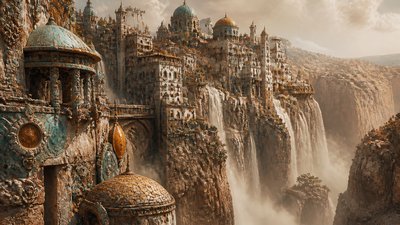 a cliffside city with waterfalls cascading into a misty canyon, wide establishing shot, no people, no text