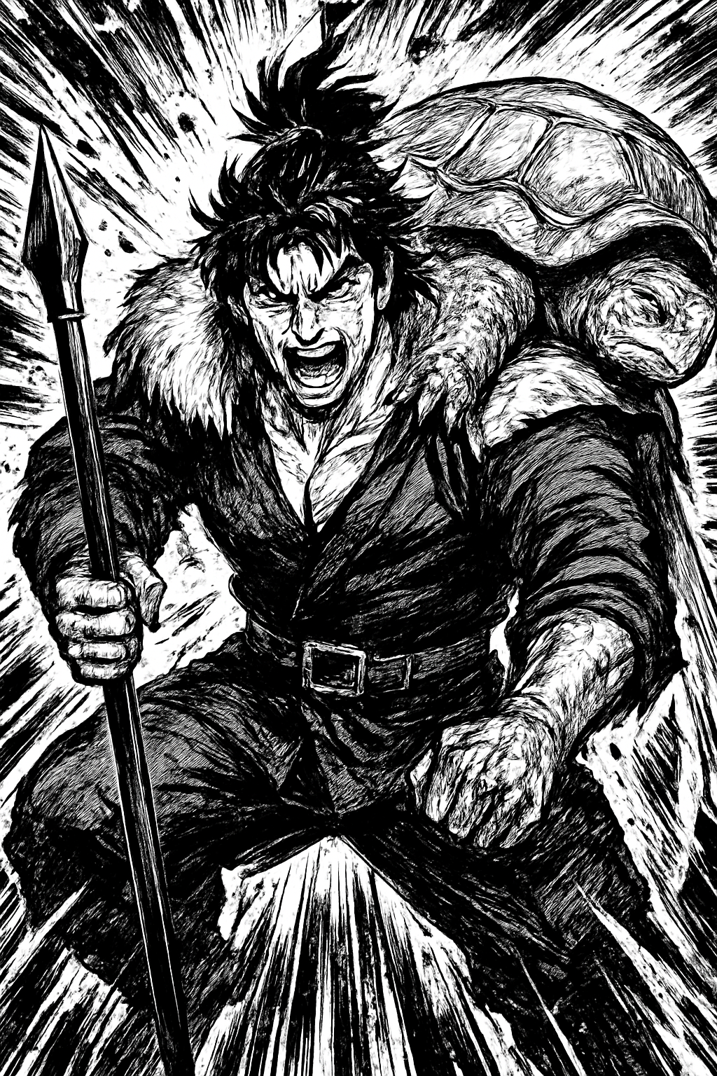 a black and white drawing of a man holding a spear