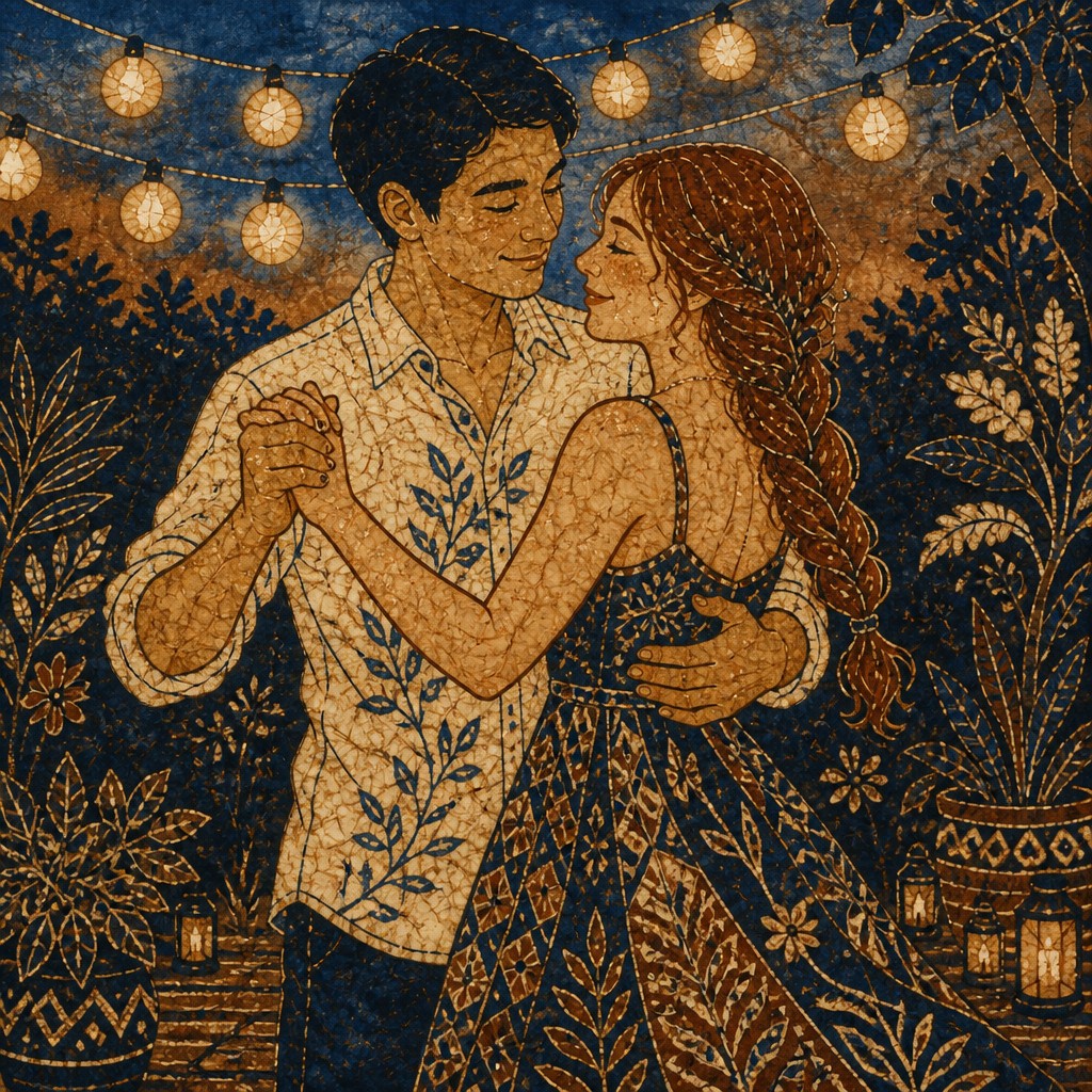 an original couple dancing under string lights in a garden at dusk: a man with short black hair in a linen shirt and a woman with braided red hair in a summer dress