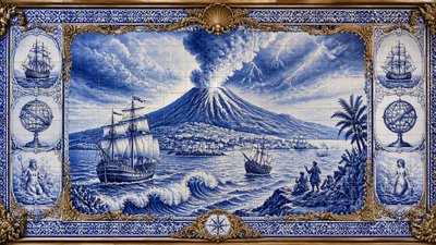 an erupting volcano with lightning strikes, dramatic wide composition, no text