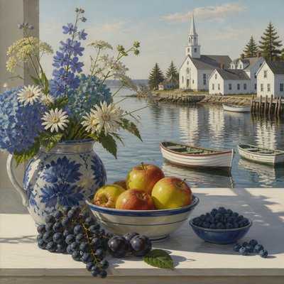 still life arrangement of fruits and flowers