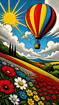 a hot air balloon drifting over rolling flower fields on a sunny day, cheerful, no text