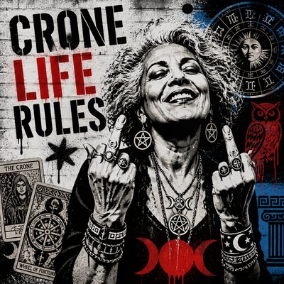 Text: Crone Life Rules

Images: Older biracial woman, with silver hair, looking joyful, giving "the bird" with both hands. Have her jewelry reflect the Wicca, tarot, and Greek astrology. 