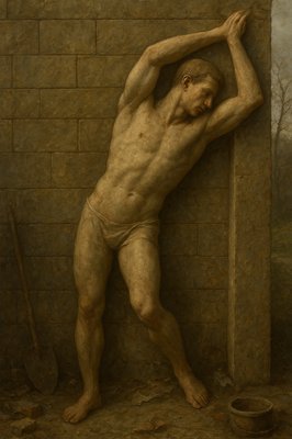 a painting of a man leaning against a brick wall