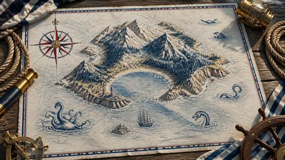 a map of an island realm with mountains, forests, a sheltered bay, sea monsters in the water and a compass rose, no text labels