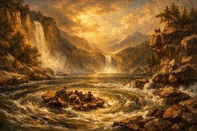 Now, we’ll all have our time on the rapid
And we may end together, alone,
going ‘round and about in an eddy
bruised and broken and soaked to the bone.
But the eddy keeps silent the wild current’s call
alongside those now grateful captains and all
we are given reprieve from a death at the fall
as we move to and fro’ in the spin.
We stand safe, as the spin takes us in.


