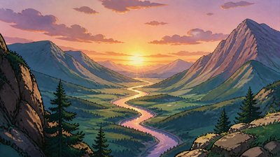 a vast valley with a river winding toward distant mountains at sunrise, no people, no text